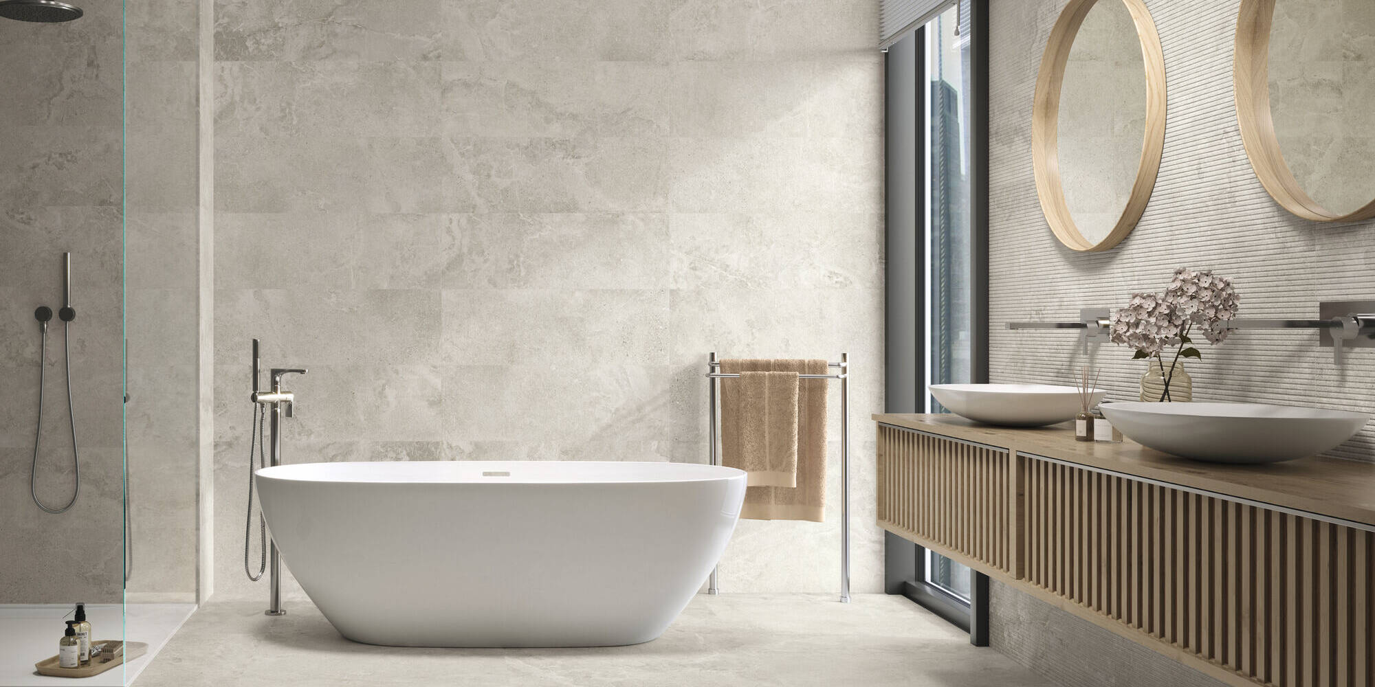 Baldocer Dome Bone tiles in a warm neutral New Zealand bathroom design.